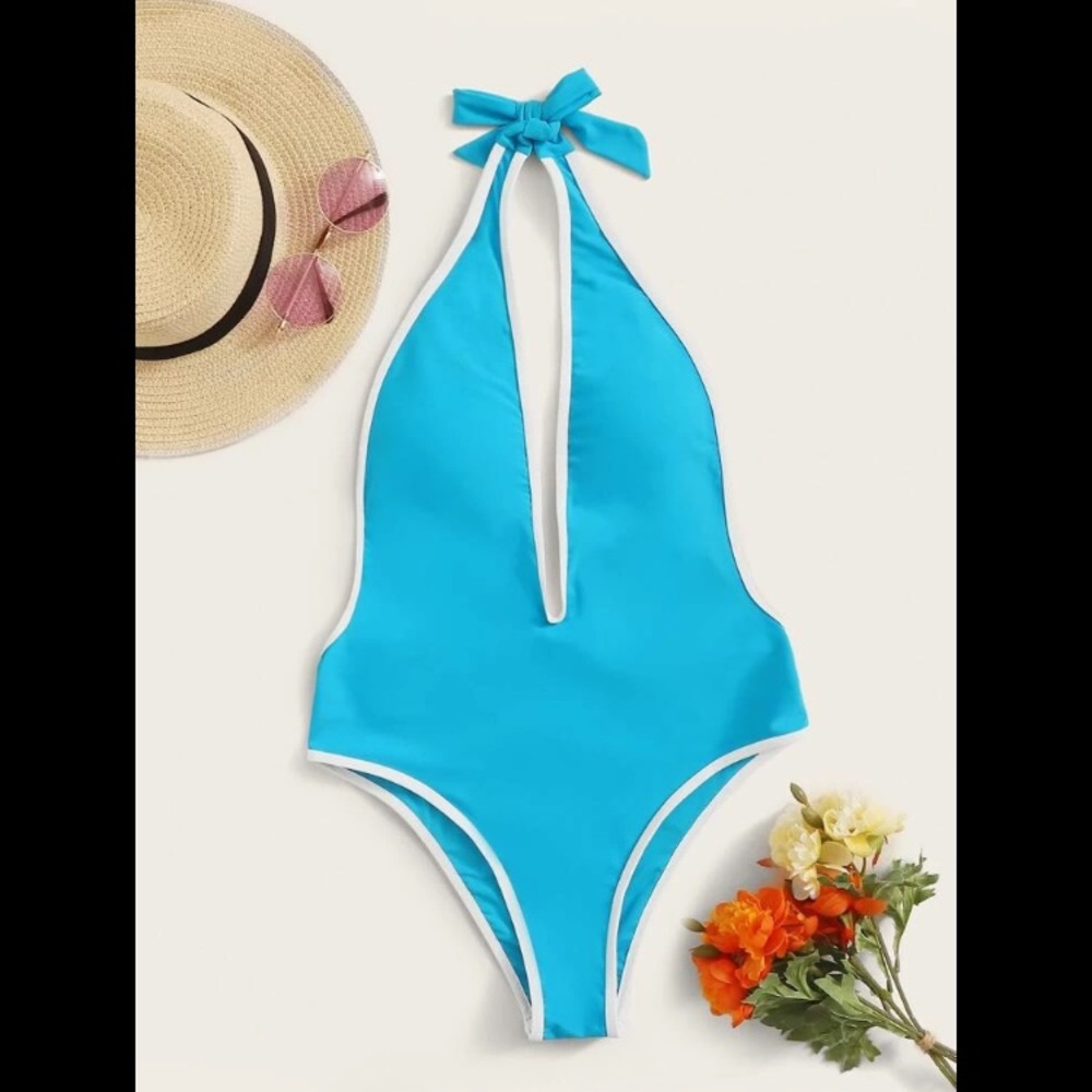 Sexy Blue and White Contrast Binding One Piece Swimsuit Size M